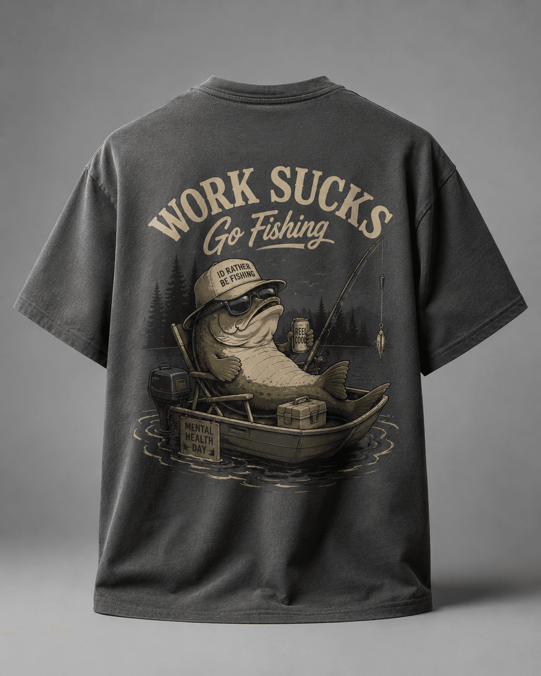 GONE FISHING — dark gray shirt mockup