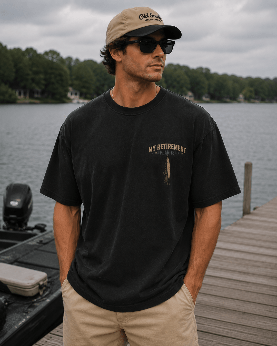 GONE FISHING — black shirt mockup