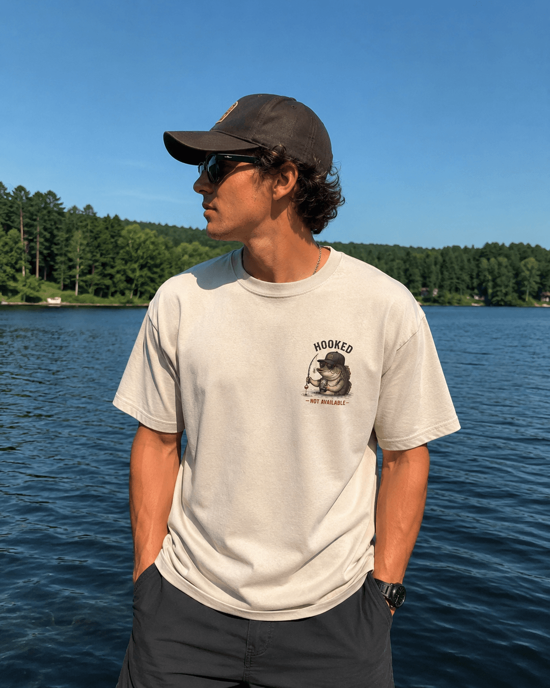GONE FISHING — white shirt mockup