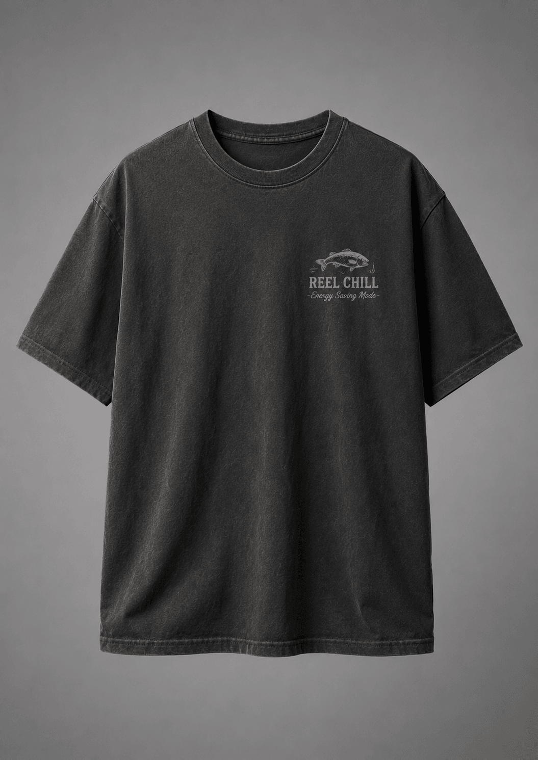 GONE FISHING — dark gray shirt mockup