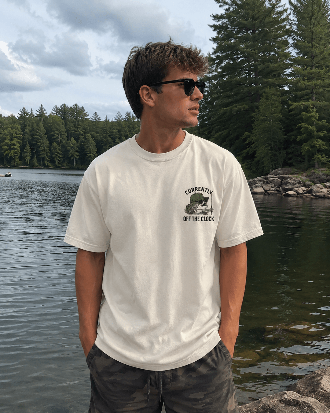 GONE FISHING — white shirt mockup
