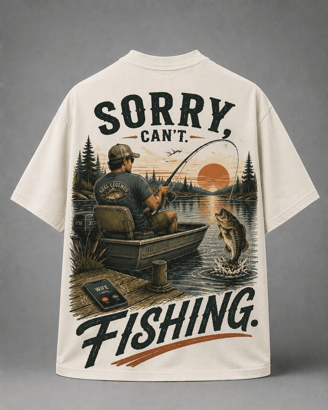 GONE FISHING — white shirt mockup