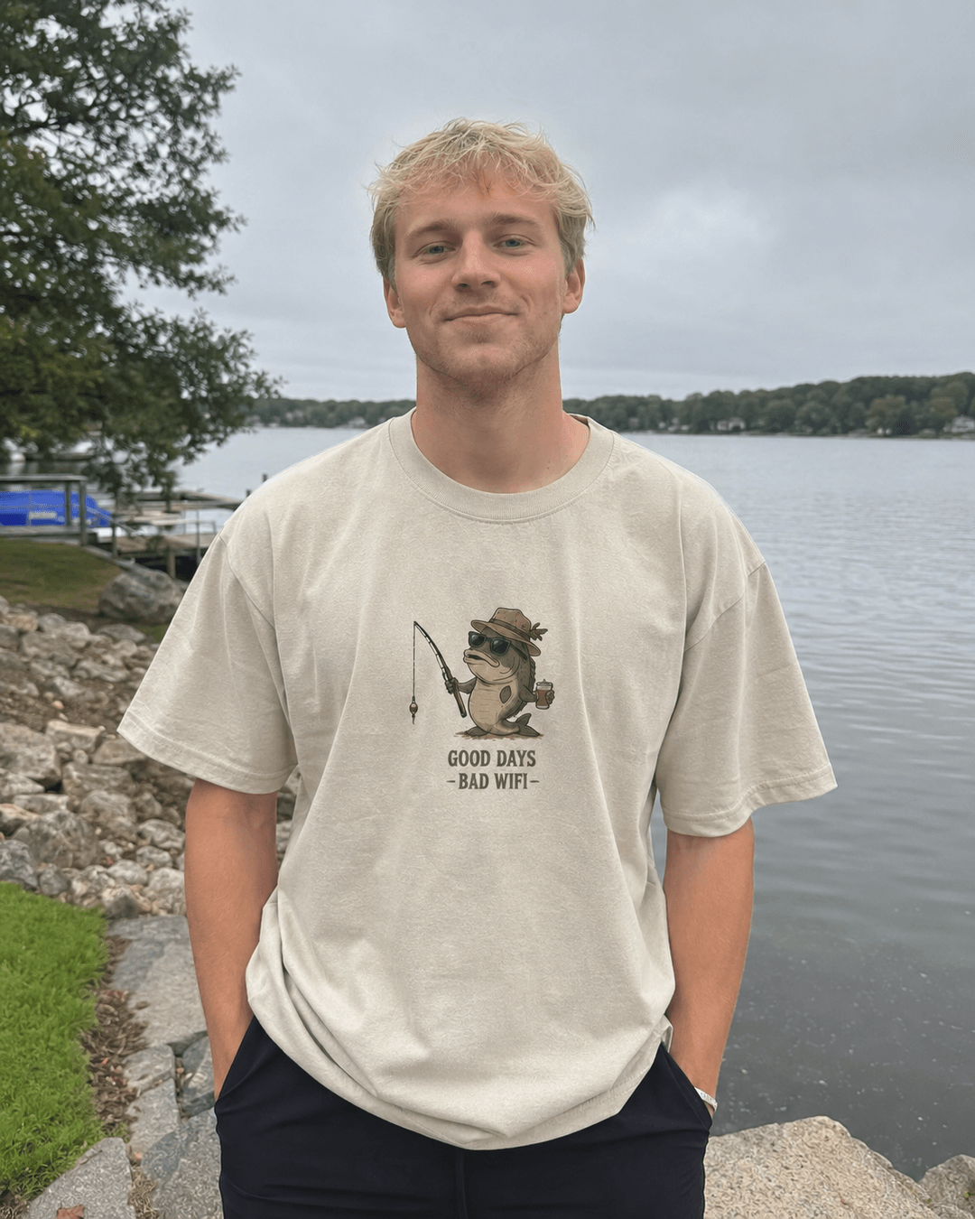 GONE FISHING — white shirt mockup