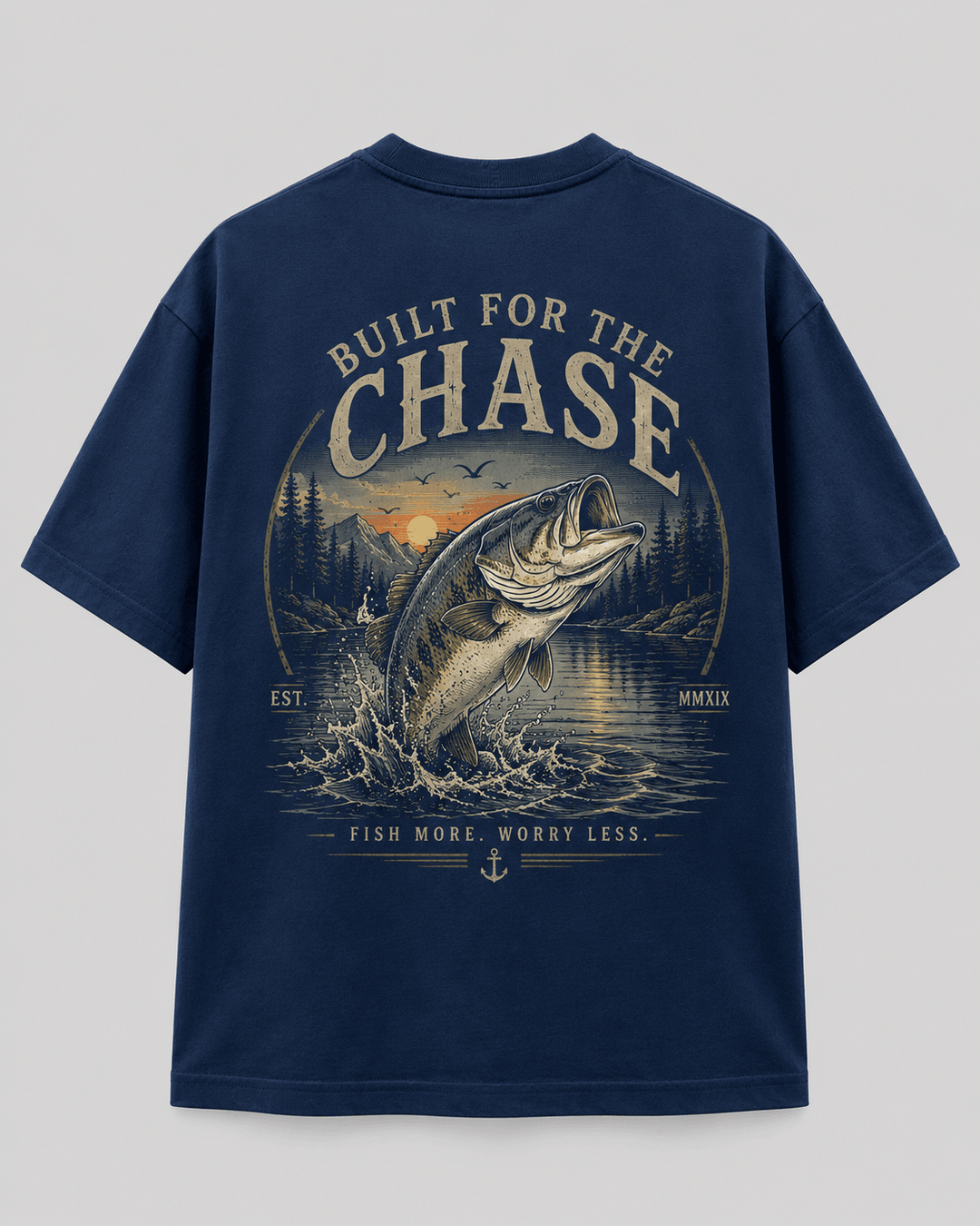 GONE FISHING — navy shirt mockup