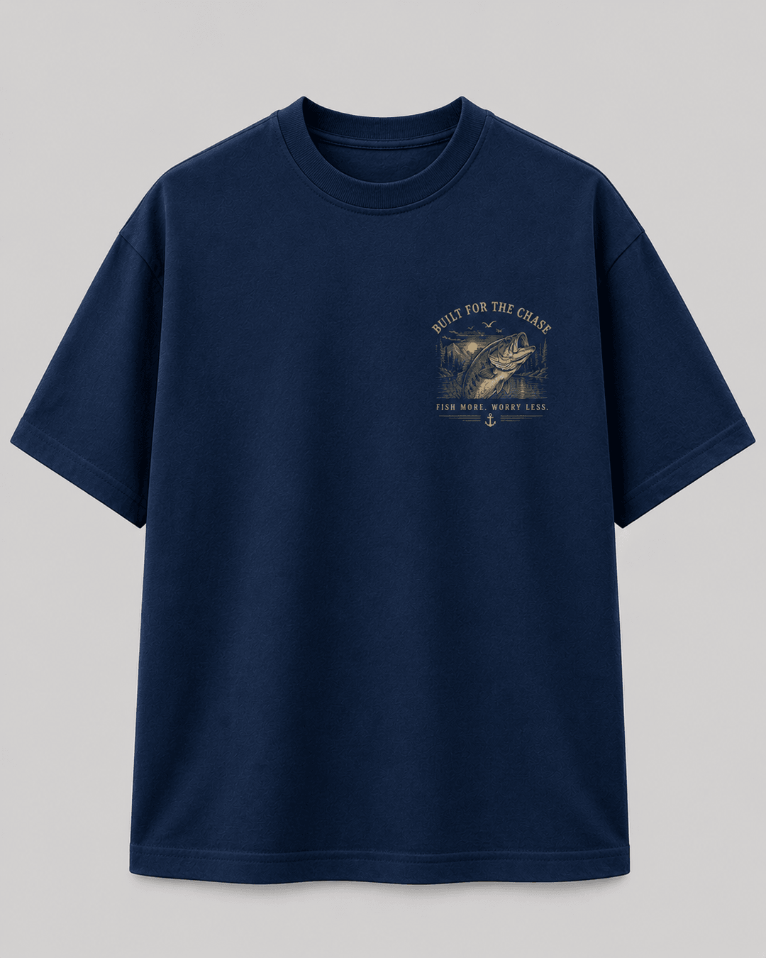 GONE FISHING — navy shirt mockup